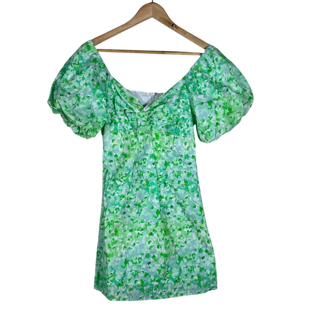 Needii Puff Sleeve Floral Mini Dress Green White Romantic Cottagecore Size 4